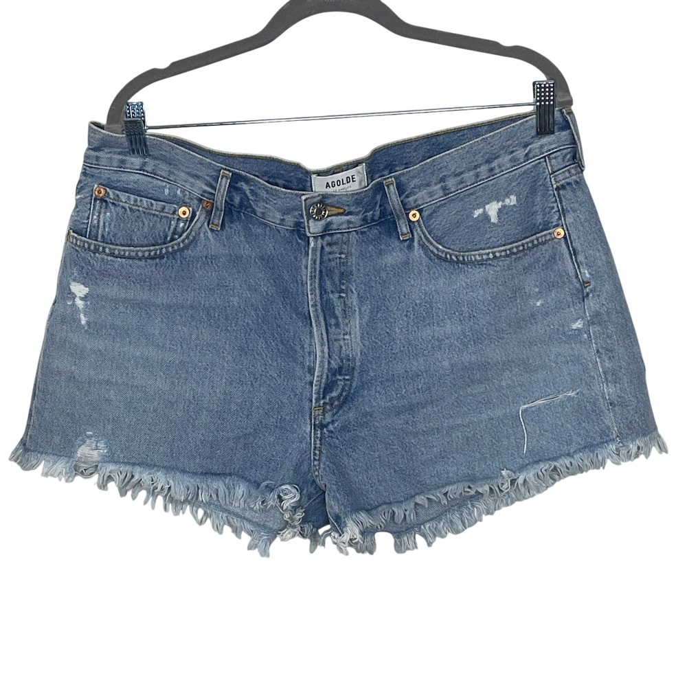 AGOLDE Riley High Rise Straight Denim Shorts Women's Size 32 Frayed Hem